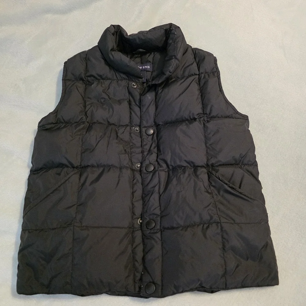Lands End Puffer Vest Youth Sz Medium 5-6 Black Snap Front Goosedown Lightweight